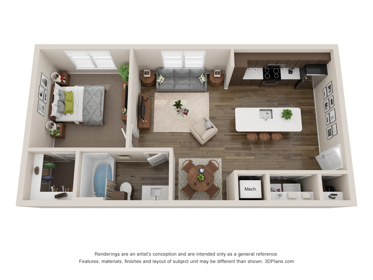 Floor plan for 1 bed, 1 bath, 751 sqft